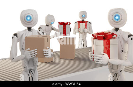 La logistique des cadeaux de Noël cadeaux pack prêt à l'expédition avec des robots autonomes 3d-illustration Banque D'Images