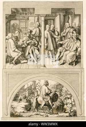 Europa, Deutschland, Motiv unten : Luther reitet von der Wartburg weg . Hauptmotiv liens : Luther und die schweizer Studenten im Wirtshaus Zum schwarzen Bären à Jena , Hauptmotiv rechts : Luther im Kreis senneur wittenberger Freunde, von den Schweizer eintretenden Studenten erkannt . Illustrationen aus : ' Dr. Martin Luther der Deutsche Reformator ', dans bildlichen Darstellungen Gustav von König, Verlag Rudolf Besser, Gotha, 1850er Jahre . / L'Europe, l'Allemagne, Martin Luther rides loin de la Wartburg ( l'image vers le bas ) , l'image principale sur la gauche . Luther et les étudiants de la Suisse dans le Banque D'Images