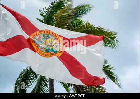 Le drapeau de la Floride soufflant contre palmiers dans soft grey sky Banque D'Images