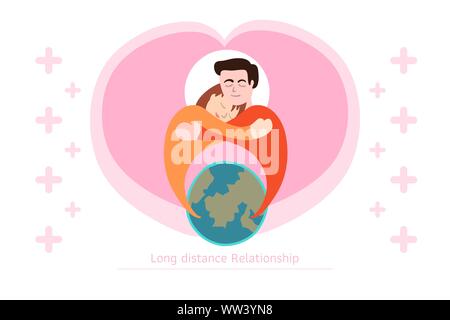 Amant avec relation à distance d'envoyer des coeurs de la pensée dans le monde. Dessin vectoriel illustration design comme un logo adapté pour mariage que je Illustration de Vecteur