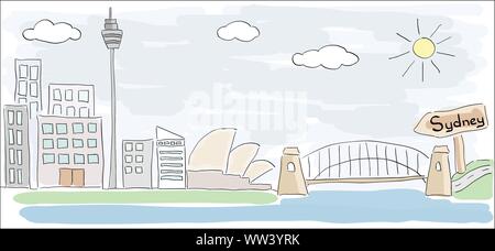 Style enfant Dessin crayonné coloré de la ville de Sydney en Australie avec Opera House Illustration de Vecteur