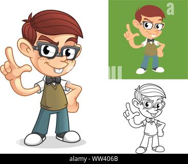 Heureux Geek Boy taquineries avec avilissant geste de la main ou perdant signer personnage mascotte Illustration. Illustration de Vecteur