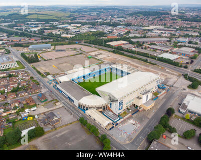 Photo aérienne d'Elland Road le Stade du Club de Football, pris dans Leeds West Yorkshire du Leeds United Football Club au Royaume-Uni Banque D'Images