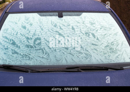 Fleurs de givre sur les pare-brise, vitre de voiture, Allemagne Banque D'Images