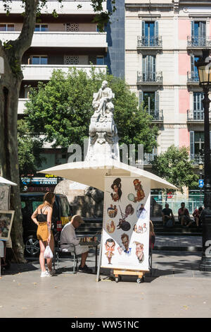 Barcelone, Espagne - 16 juin 2019 : peintre caricaturiste de rue travaillant à la Rambla street. Las Ramblas est l'un des plus célèbres rues de la ville Banque D'Images