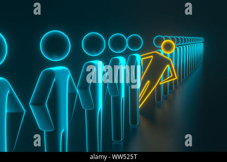 Concept leader de l'équipe entreprises indique la direction du mouvement vers l'objectif. Foule des hommes bleus va pour le chef de la couleur or. Le rendu 3D Banque D'Images