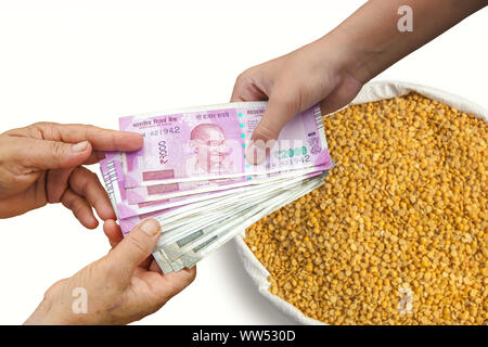 Donner la main 500 Indiens et de 2000 sur les billets de banque en roupies, sac de jute rempli de pois chiches, Pois cassés, Chana jaune Pois chiches Lentilles séchées ou Toor Dal Banque D'Images