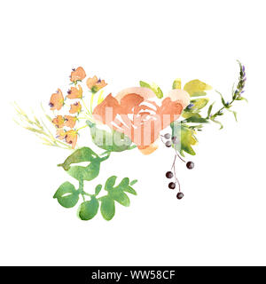 Suite nuptiale mariage romanric doux bouquet de fleurs rustiques . Dessin aquarelle rose et violet et orange fleurs ornament Banque D'Images