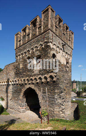 Porte de la ville avec les murailles de la ville, vieille ville, Oberwesel, patrimoine mondial de l'Unesco de la vallée du Haut-Rhin moyen, Rhénanie-Palatinat, Allemagne, Europe Banque D'Images