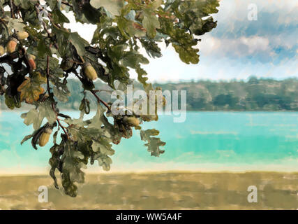 Illustration à l'aquarelle : arrière-plan flou avec un lac et un paysage estival arbre d'automne avec les glands dans la forte avant-plan. Banque D'Images