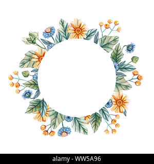 Ronde Floral frame de l'aquarelle de fleurs sauvages. Il y a une place pour le texte. Des fleurs sur un fond blanc. Modèle pour les invitations de mariage et cartes. Banque D'Images