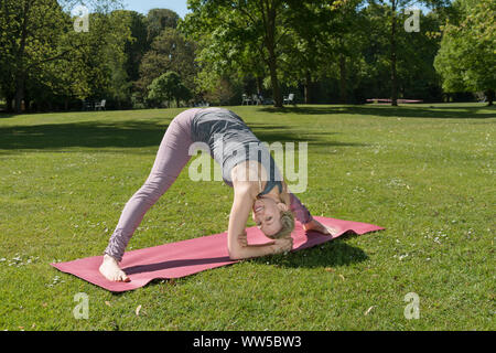 Vêtements femme dans la formation sur le tapis rose dans le parc, le yoga, la gymnastique, se pencher, looking at camera, smiling Banque D'Images