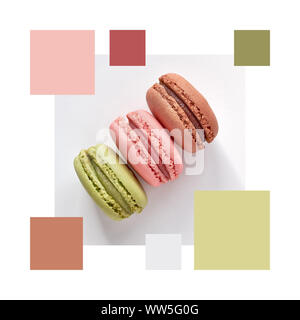 Palette des couleurs à la mode à partir de l'image de trois macarons français (ou macarons) sur fond gris clair Banque D'Images