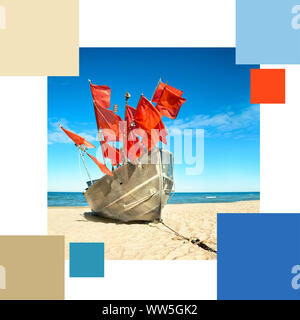 Palette des couleurs à la mode à partir de l'image de bateau pêcheur traditionnel avec un drapeau rouge sur une plage de sable Banque D'Images
