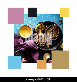 Palette des couleurs à la mode à partir de l'image d'artishokes texturé rouge grillé sur fond bleu avec une serviette mauve Banque D'Images