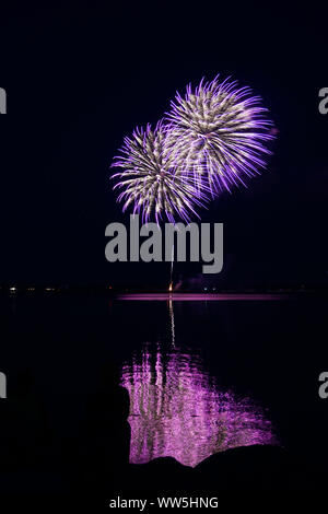 D'artifice pourpre reflétée dans l'eau Banque D'Images