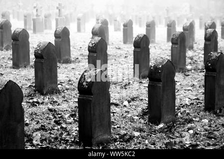 Photographie des croix de cimetière en temps brumeux en automne, Banque D'Images