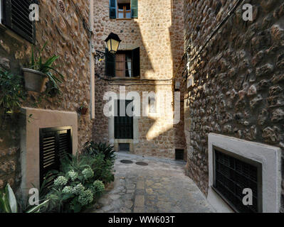 Espagne, Majorque, Fornalutx, Lane, pavés, façades, porte, fenêtre, plantes en pot Banque D'Images