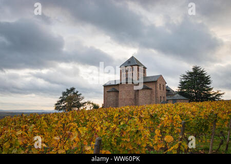 L'église paroissiale catholique de couleur d'automne avec Johannisberg de vignes dans la région de la Rheingau près de Tübingen, Allemagne Banque D'Images