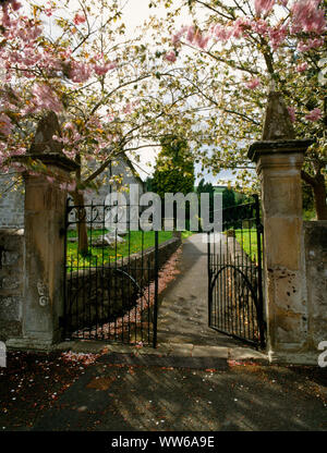 East gateway, cherry blossom & sentier menant au porche de l'église paroissiale de St Berres, Llanferres, Denbighshire, Wales, UK : Grade II gatepiers. Banque D'Images