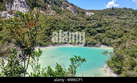 Lac de cratère turquoise entourée par la forêt et les montagnes en Nouvelle-Zélande Banque D'Images