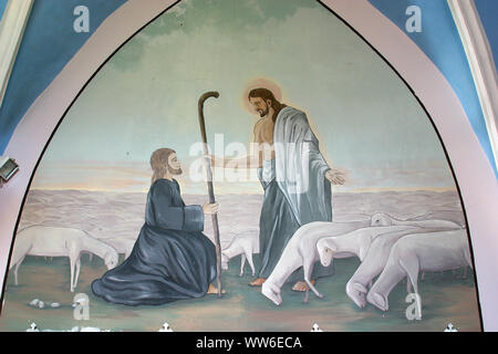 Jésus le Bon Pasteur, fresque dans l'Église de Tous les Saints dans l'Bedenica, Croatie Banque D'Images