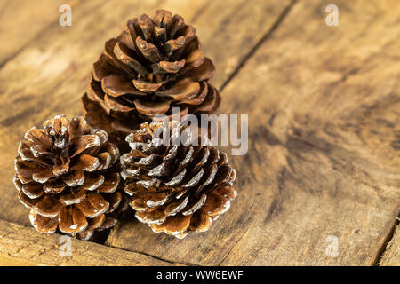 3 pommes de pin séché brun sur une table en bois Banque D'Images