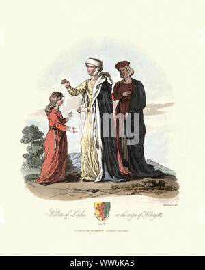 Gravure médiévale de vintage la mode féminine, Habiots de mesdames sous le règne de Henri III, 13e siècle. Costumes antiques de l'Angleterre, 1813 Banque D'Images