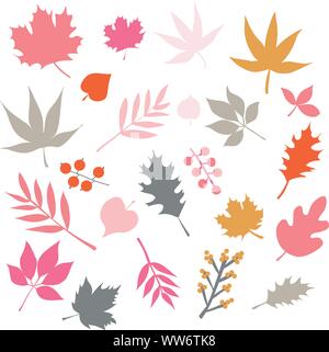 Automne feuilles isolées vector icon set. Or rose rouge de style scandinave éléments leaf bleu. Illustration à la main. Utiliser pour la décoration d'automne Illustration de Vecteur