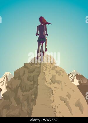 Illustration d'une bicyclette fille sur le sommet d'une montagne Illustration de Vecteur