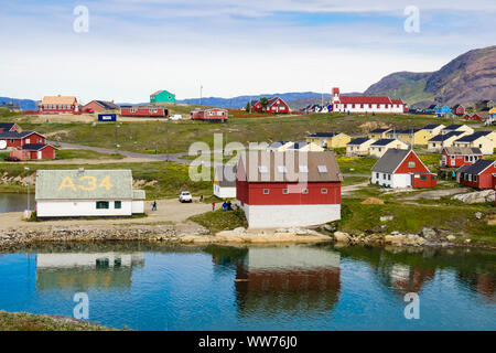 Vue sur la baie au musée à Narsaq Kujalleq, bâtiments, Sud du Groenland Banque D'Images