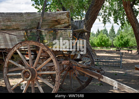 Vintage Farm Wagon qui a connu des jours meilleurs, sur le Heritage Farm dans le Nouveau Mexique. Banque D'Images