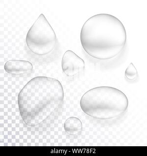Gouttes d'eau sur un fond transparent. Ensemble de gouttes transparentes de différentes formes dans les tons de gris. Vector Illustration de Vecteur