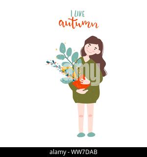 Cute girl dans un chandail avec l'automne fleurs bouquet. Cartoon style vector illustration. J'aime bien le lettrage d'automne Illustration de Vecteur