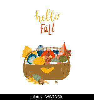 Bonjour automne automne carte avec lettrage et panier avec des champignons et des feuilles. Vector illustration dans télévision cartoon style Illustration de Vecteur