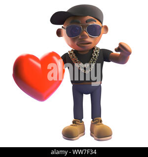 3d Cartoon rapper hiphop noir tenant un coeur rouge romantique, illustration 3D render Banque D'Images