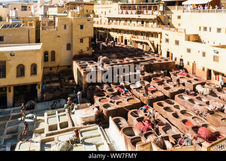 Maroc, Fès, Médina, Souk, Blida, quartier des tanneurs, cuves de couleur avec des couleurs naturelles Banque D'Images