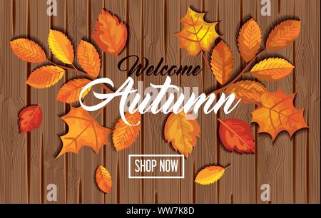 Bienvenue l'automne avec motif en bois en feuilles Illustration de Vecteur