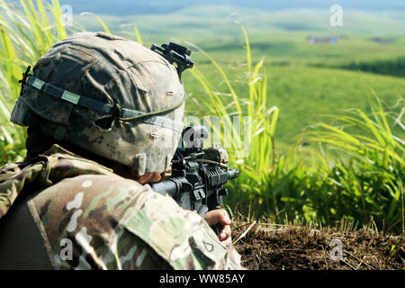 Soldat affecté à la Compagnie Charlie, 2e Bataillon, 130e Régiment d'infanterie, 33e Infantry Brigade Combat Team, vise une cible au cours d'Orient 2019 Bouclier, le 13 septembre, à l'Espace Formation Oyanohara, au Japon. OS 19 est un premier ministre de l'armée américaine et le Japon d'autodéfense au sol terrain bilatérale qui vise à accroître l'interopérabilité par l'essai et le perfectionnement et multi-domaine concepts inter-domaines. (U.S. Photo de l'armée par le sergent. David Edge) Banque D'Images