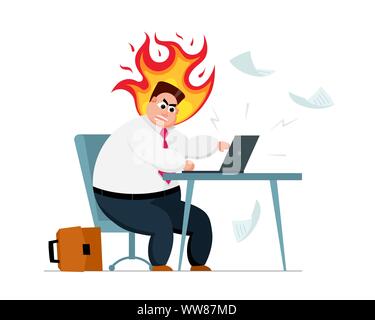 Un homme d'affaires en colère, un employé de bureau, écrasant son lieu de travail. Stress et colère furieux employé la rupture nerveuse les problèmes de carrière de travail l'épuisement concept. Illustration du vecteur d'expression négative Illustration de Vecteur