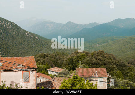 Lopigna, petit village situé dans les montagnes corses, avec des maisons typiques Banque D'Images