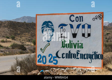 Les élections politiques boliviennes à la présidence en 2019, la publicité pour le président Evo Morales, du mouvement pour le socialisme, MAS, Parti. Banque D'Images