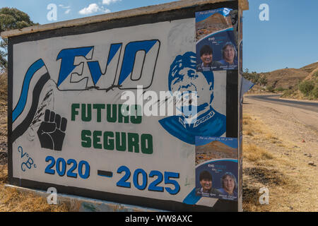 Les élections politiques boliviennes à la présidence en 2019, la publicité pour le président Evo Morales, du mouvement pour le socialisme, MAS, Parti. Banque D'Images