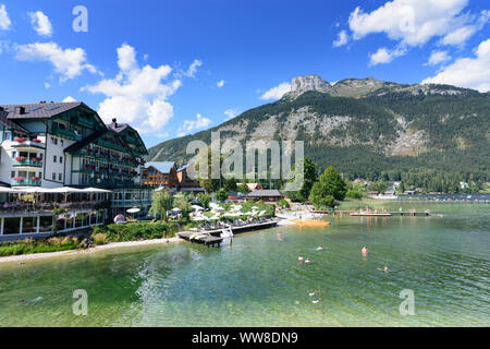 Altaussee, lac Altausseer See, hotel Seevilla, plage, montagne, baigneur perdant, Ausseerland-Salzkammergut, Steiermark, Styrie, Autriche Banque D'Images