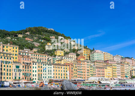 Maisons colorées de Camogli en été- un village de pêcheurs et touristique en Ligurie, Italie Banque D'Images