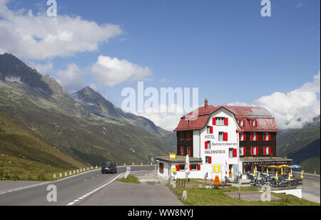 Restaurant sur Furka col de montagne, Alpes, Uri, frontière cantonales Cantons d'Uri et du Valais, Suisse Banque D'Images