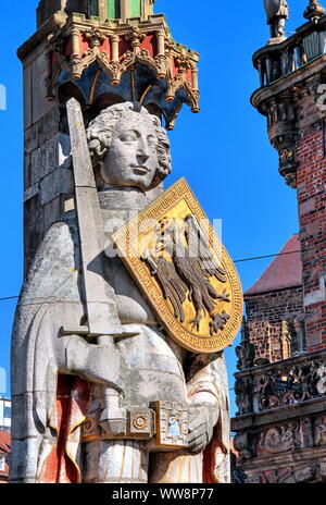 Détail de la statue de la Bremer Roland sur la place du marché, l'état de Brême, Brême, Allemagne du Nord, Allemagne Banque D'Images