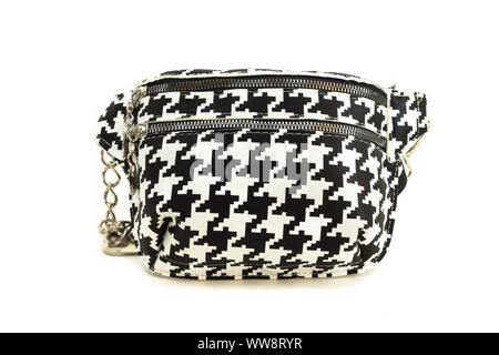 Checker femmes nylon texturé avec sac ceinture sangle métallique de la chaîne d'isoler sur fond blanc - vue avant. Banque D'Images