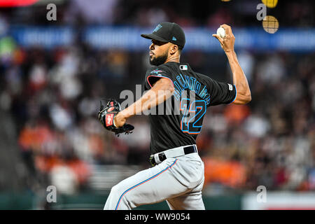 San Francisco, Californie, USA. 13 Sep, 2019. Le lanceur partant des Marlins de Miami plage de Alcantara (22) en action au cours de la MLB match entre les Marlins de Miami et San Francisco Giants au parc d'Oracle à San Francisco, Californie. Chris Brown/CSM/Alamy Live News Banque D'Images