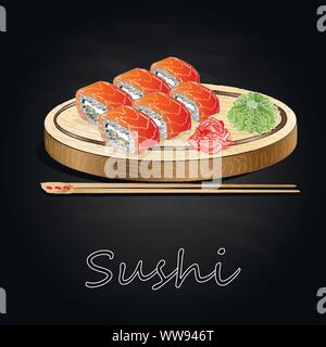 Différents types de sushis servis sur bois 24 fond noir isolé. Illustration de Vecteur